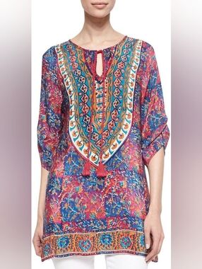 Tolani Pink Blue Floral Embroidered Tunic with Tassels Size Medium